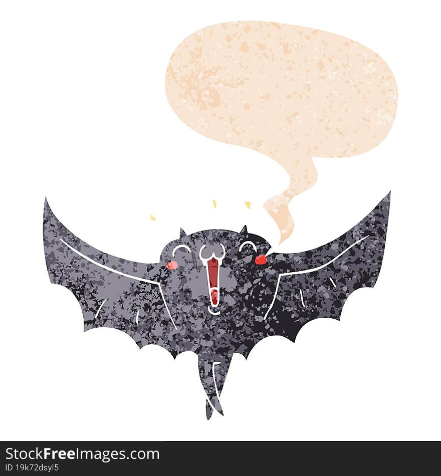 cartoon happy vampire bat and speech bubble in retro textured style