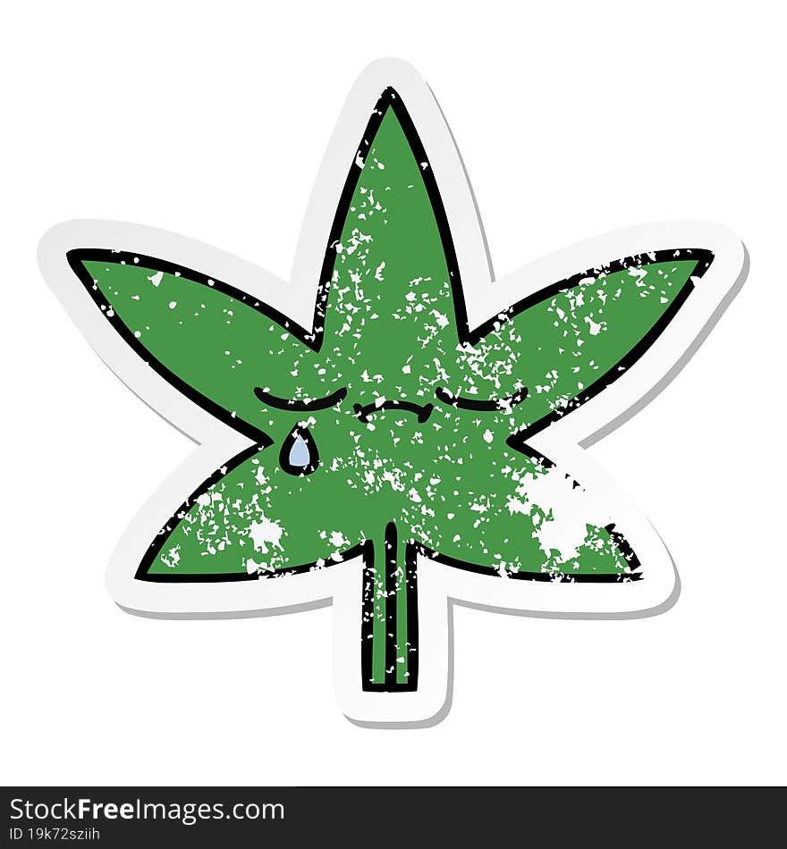 Distressed Sticker Of A Cute Cartoon Marijuana Leaf