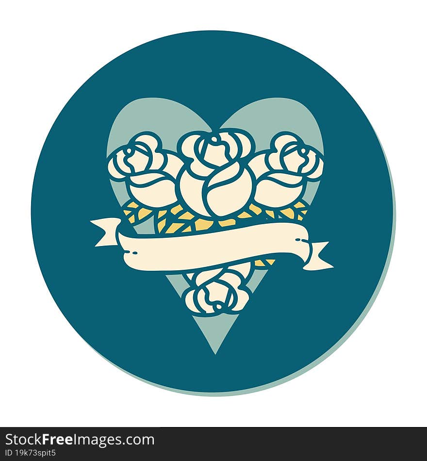 Tattoo Style Sticker Of A Heart And Banner With Flowers