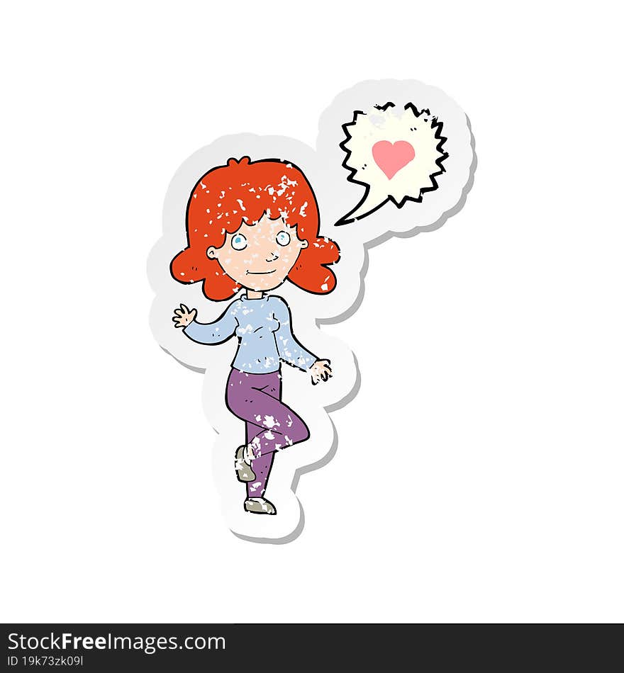 retro distressed sticker of a cartoon woman in love