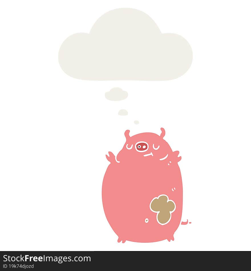 cartoon fat pig with thought bubble in retro style