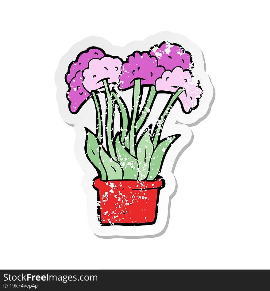 retro distressed sticker of a cartoon flowers in pot