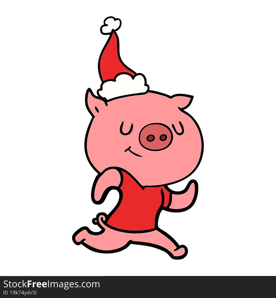 Happy Line Drawing Of A Pig Running Wearing Santa Hat