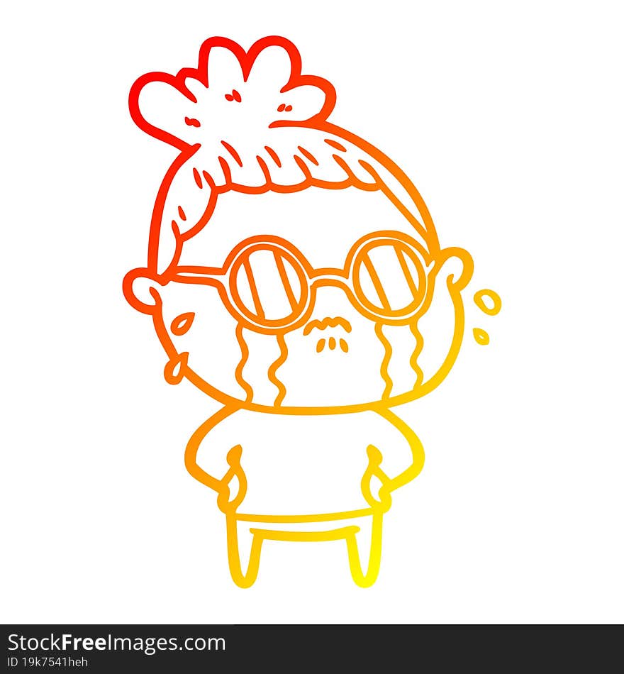 Warm Gradient Line Drawing Cartoon Crying Woman Wearing Sunglasses