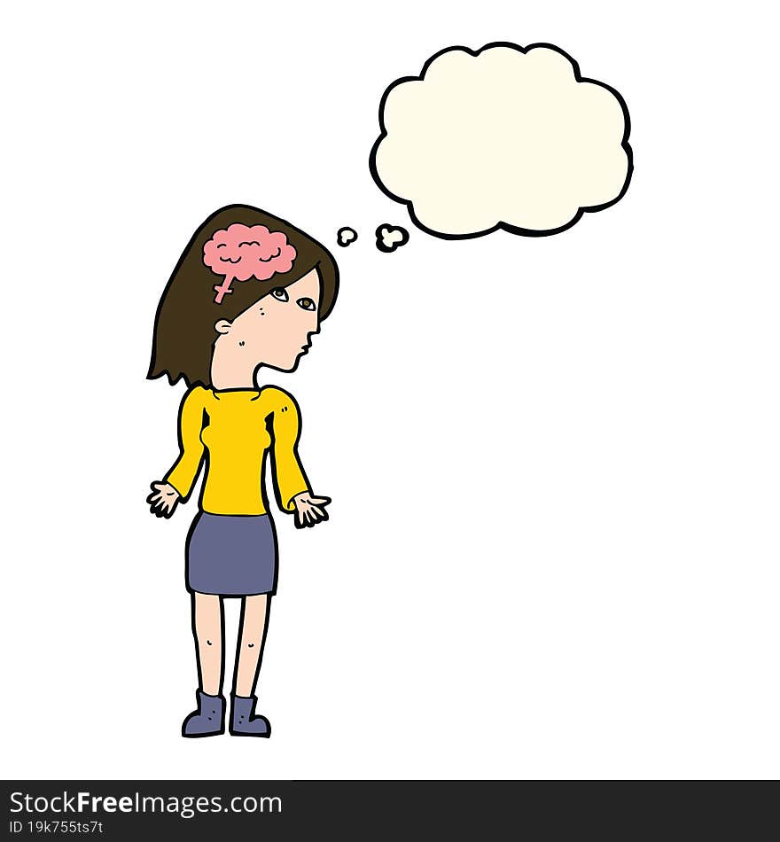 cartoon clever woman shrugging shoulders with thought bubble