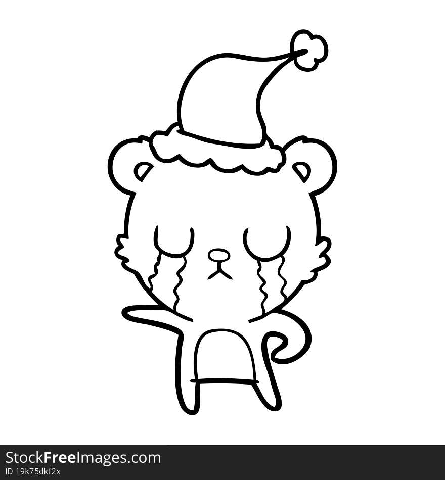 crying line drawing of a bear wearing santa hat