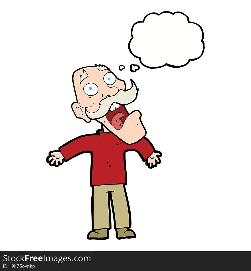 cartoon terrified old man with thought bubble