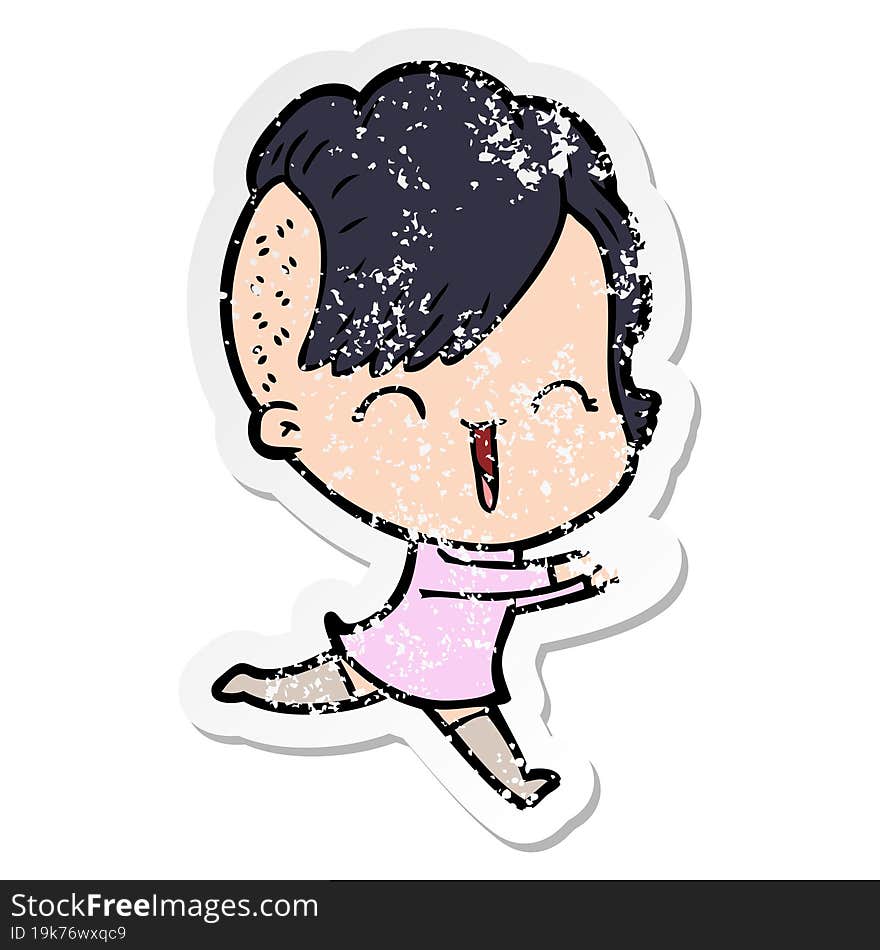 Distressed Sticker Of A Cartoon Happy Hipster Girl