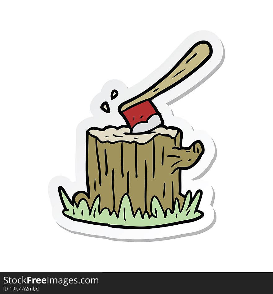 sticker of a cartoon axe in tree stump