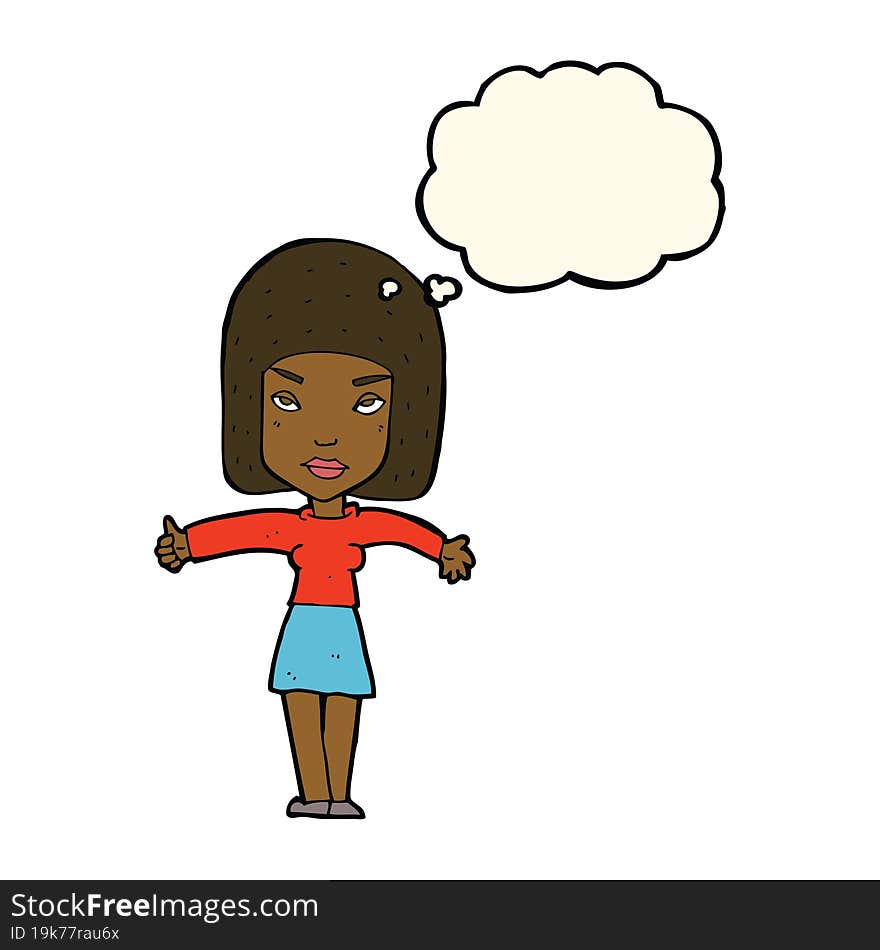 cartoon woman giving thumbs up symbol with thought bubble