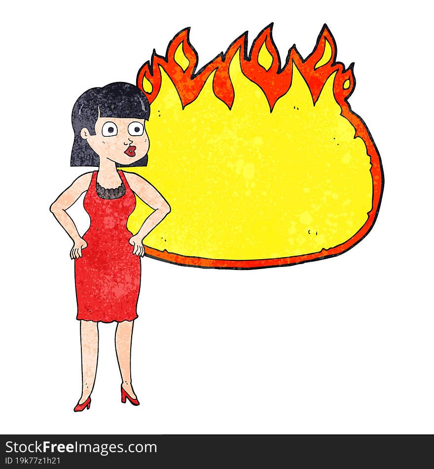 freehand drawn texture cartoon woman in dress with hands on hips and flame banner