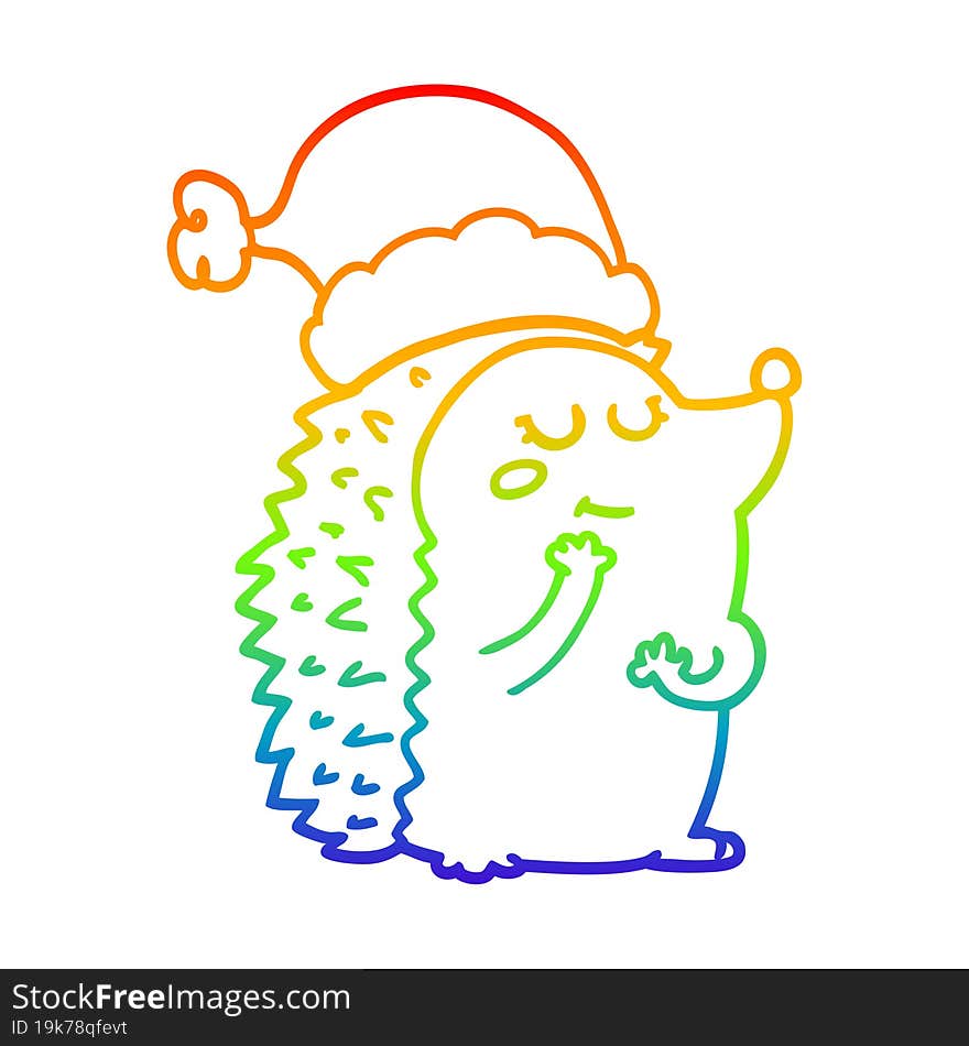 rainbow gradient line drawing cartoon hedgehog wearing christmas hat