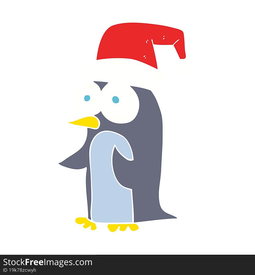 flat color illustration of a cartoon christmas penguin