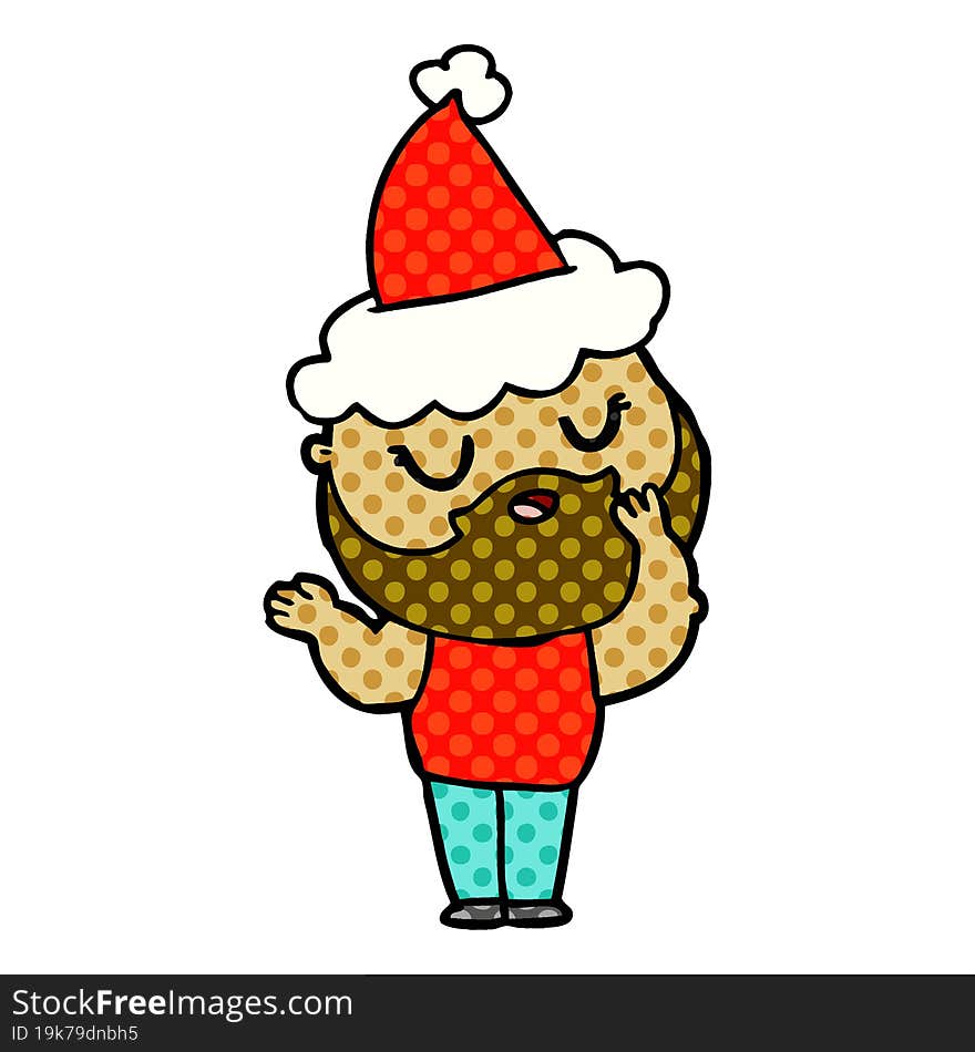 hand drawn comic book style illustration of a man with beard wearing santa hat