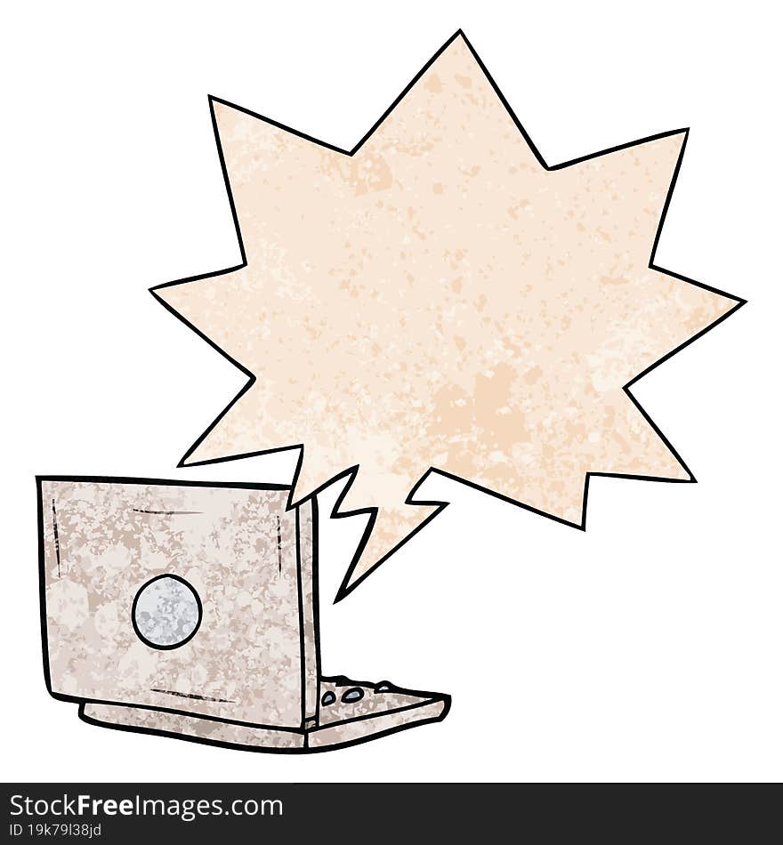 cartoon laptop computer and speech bubble in retro texture style