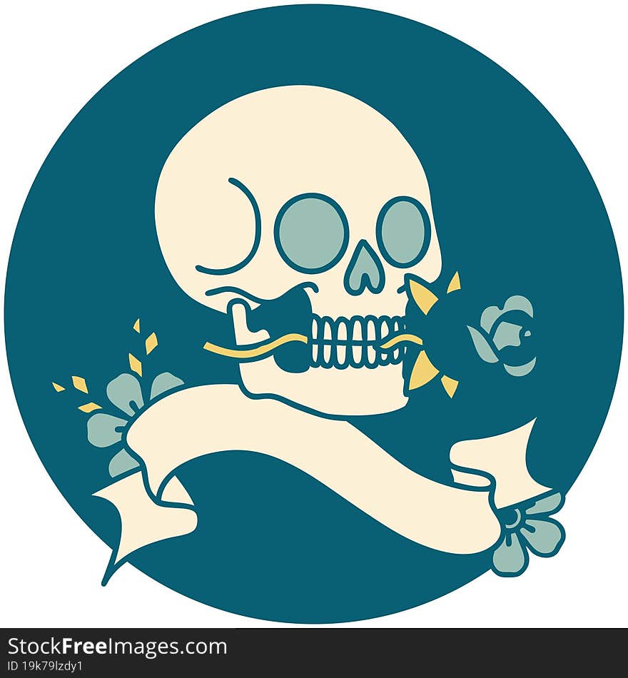 tattoo style icon with banner of a skull