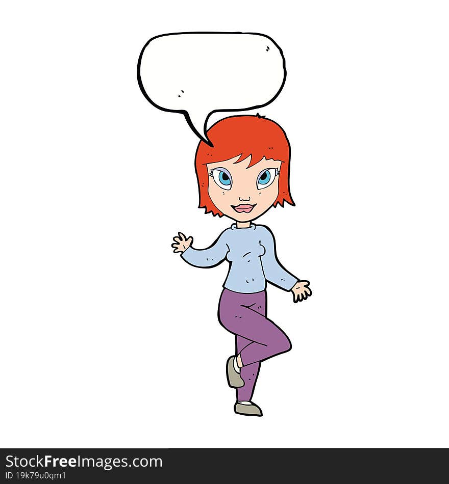 cartoon pretty woman waving with speech bubble