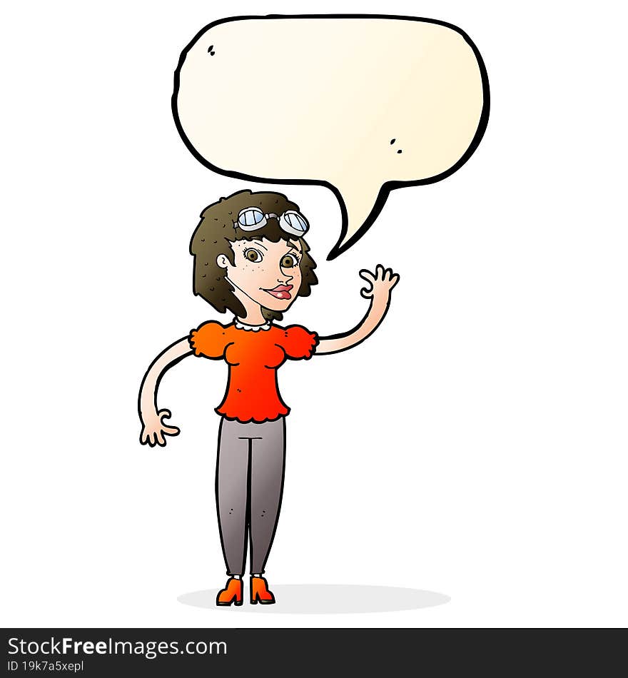 cartoon pilot woman waving with speech bubble