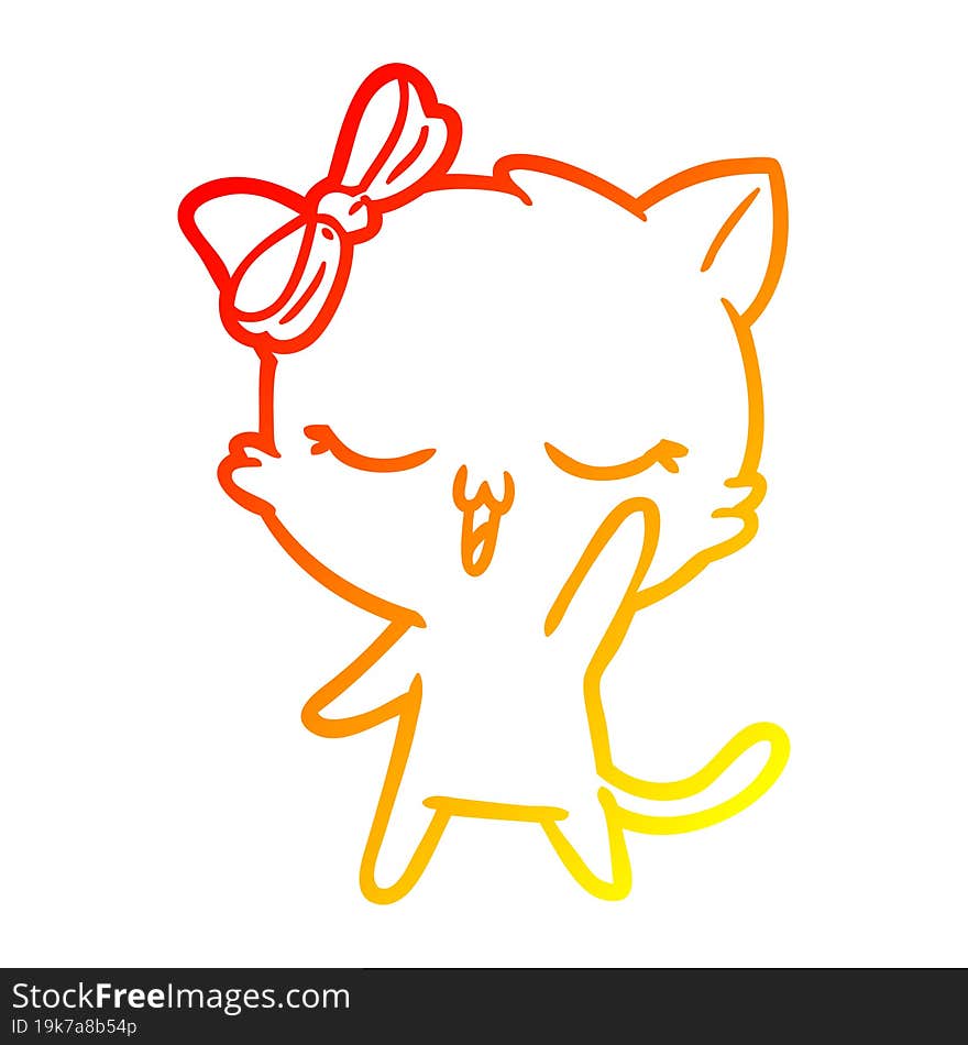 warm gradient line drawing cartoon cat with bow on head waving