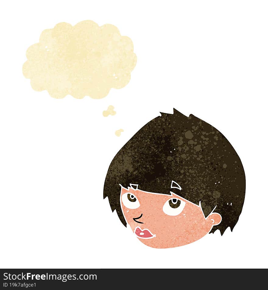 cartoon female face looking up with thought bubble