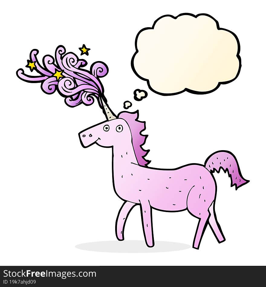 cartoon magical unicorn with thought bubble