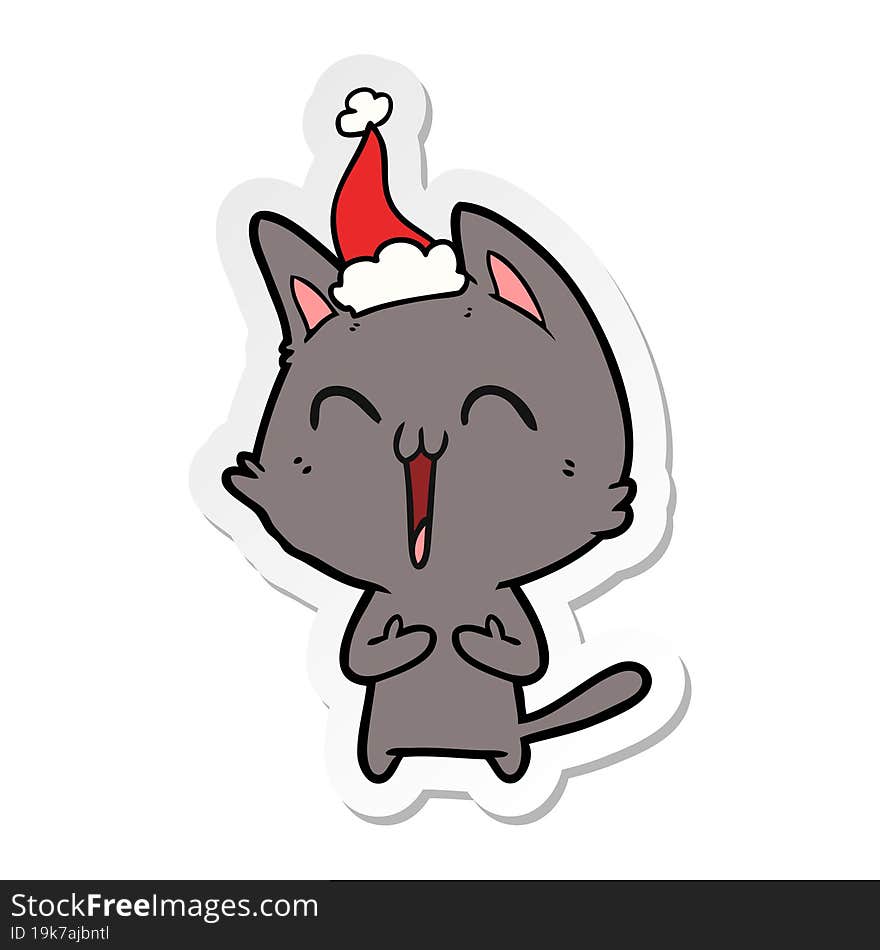 happy sticker cartoon of a cat wearing santa hat