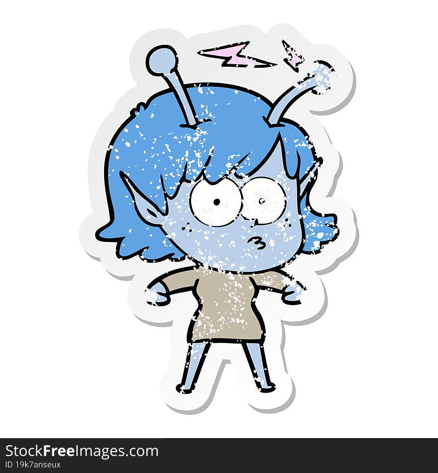 distressed sticker of a cartoon alien girl