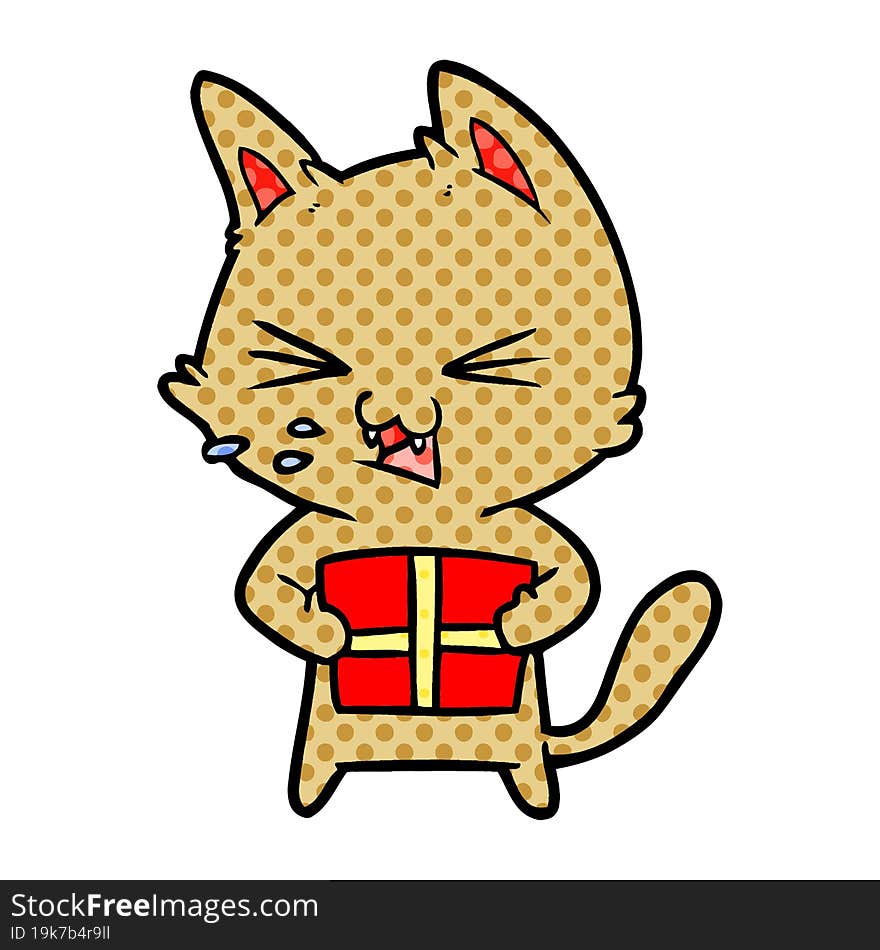 cartoon hissing cat with christmas present. cartoon hissing cat with christmas present