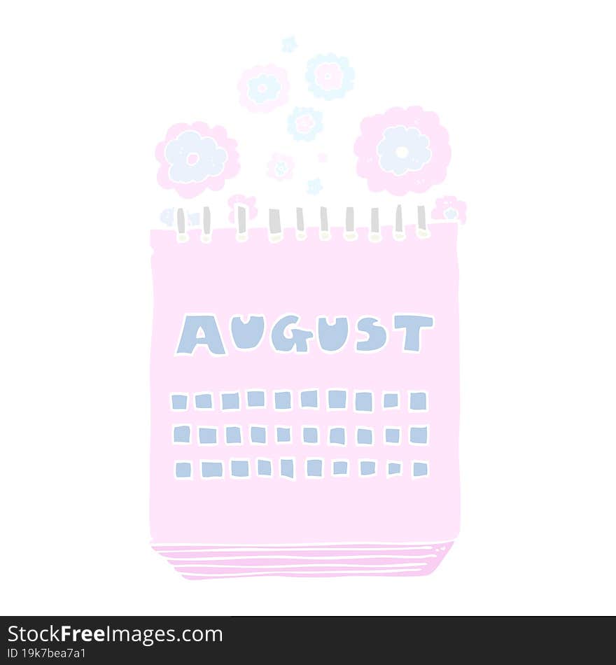 flat color illustration of a cartoon calendar showing month of august