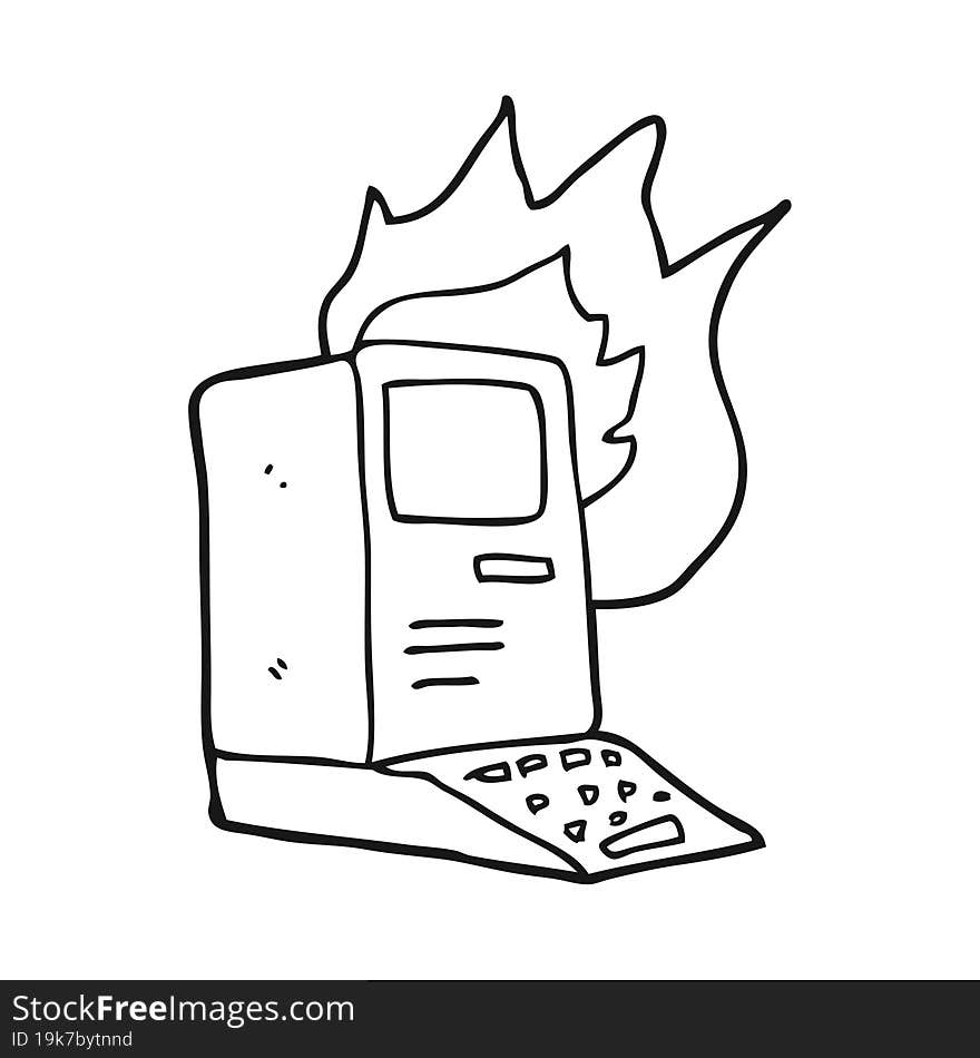 Black And White Cartoon Old Computer On Fire