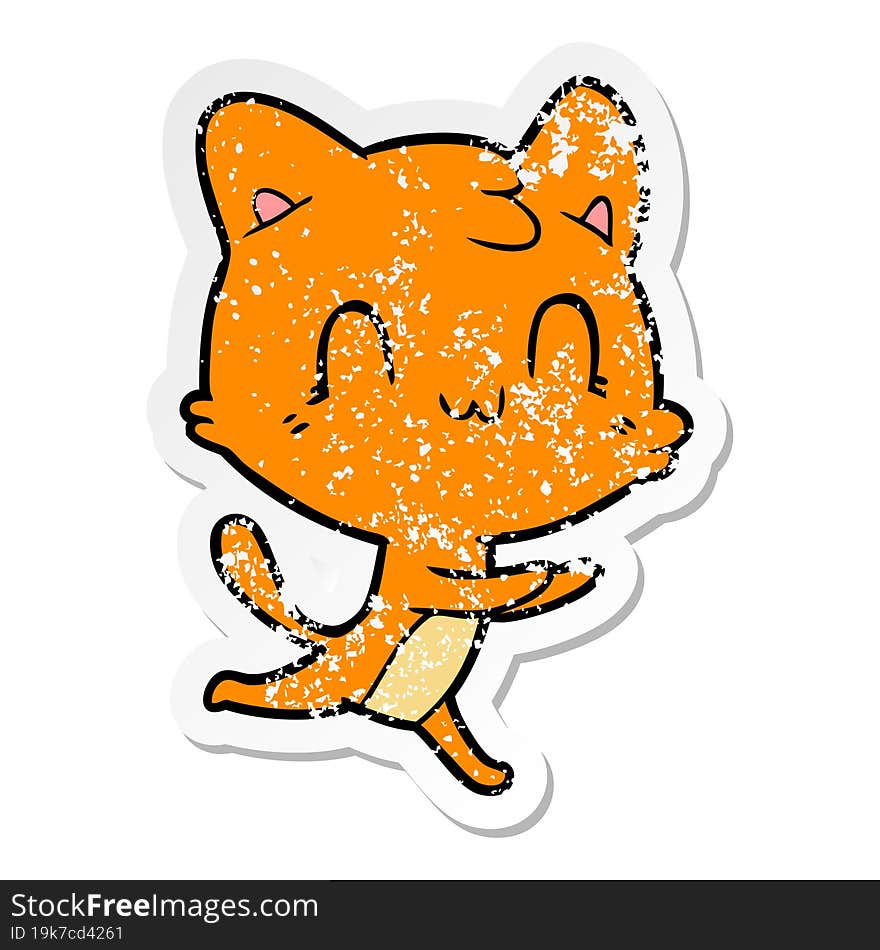 distressed sticker of a cartoon happy cat