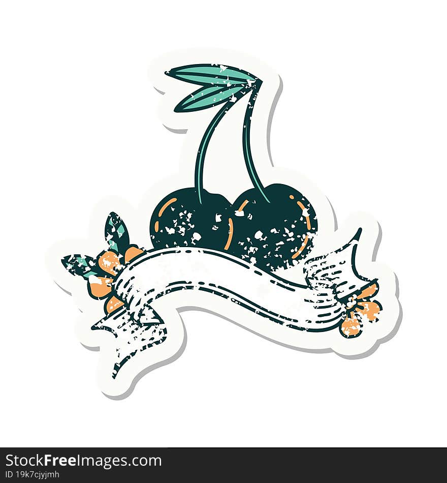 Grunge Sticker With Banner Of Cherries