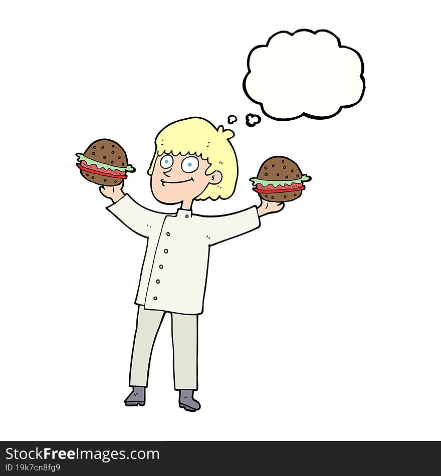 thought bubble cartoon chef with burgers