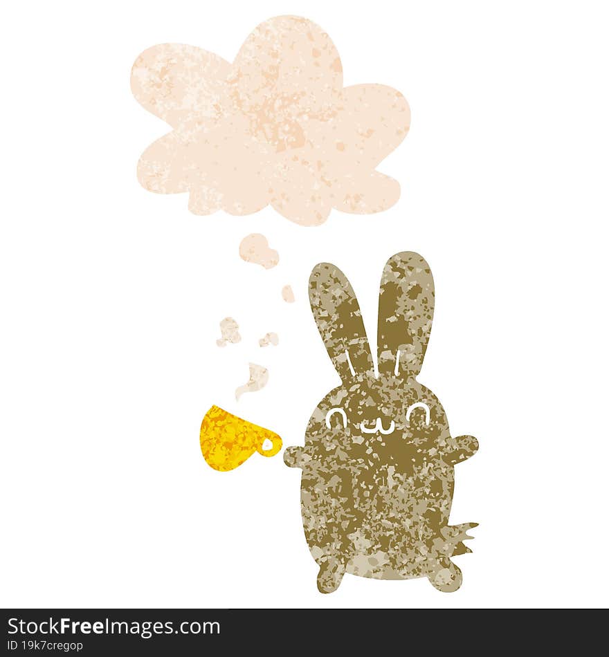 cute cartoon rabbit drinking coffee with thought bubble in grunge distressed retro textured style. cute cartoon rabbit drinking coffee with thought bubble in grunge distressed retro textured style