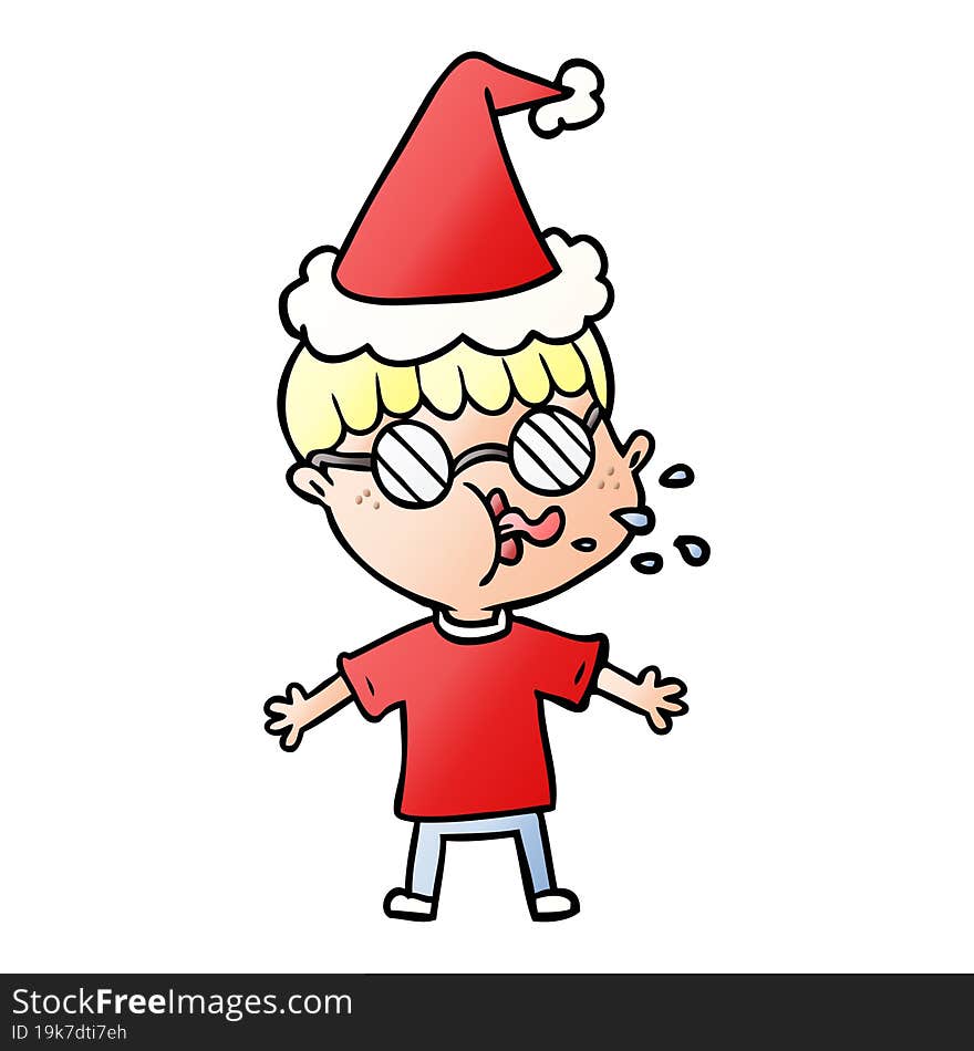 gradient cartoon of a boy wearing spectacles wearing santa hat