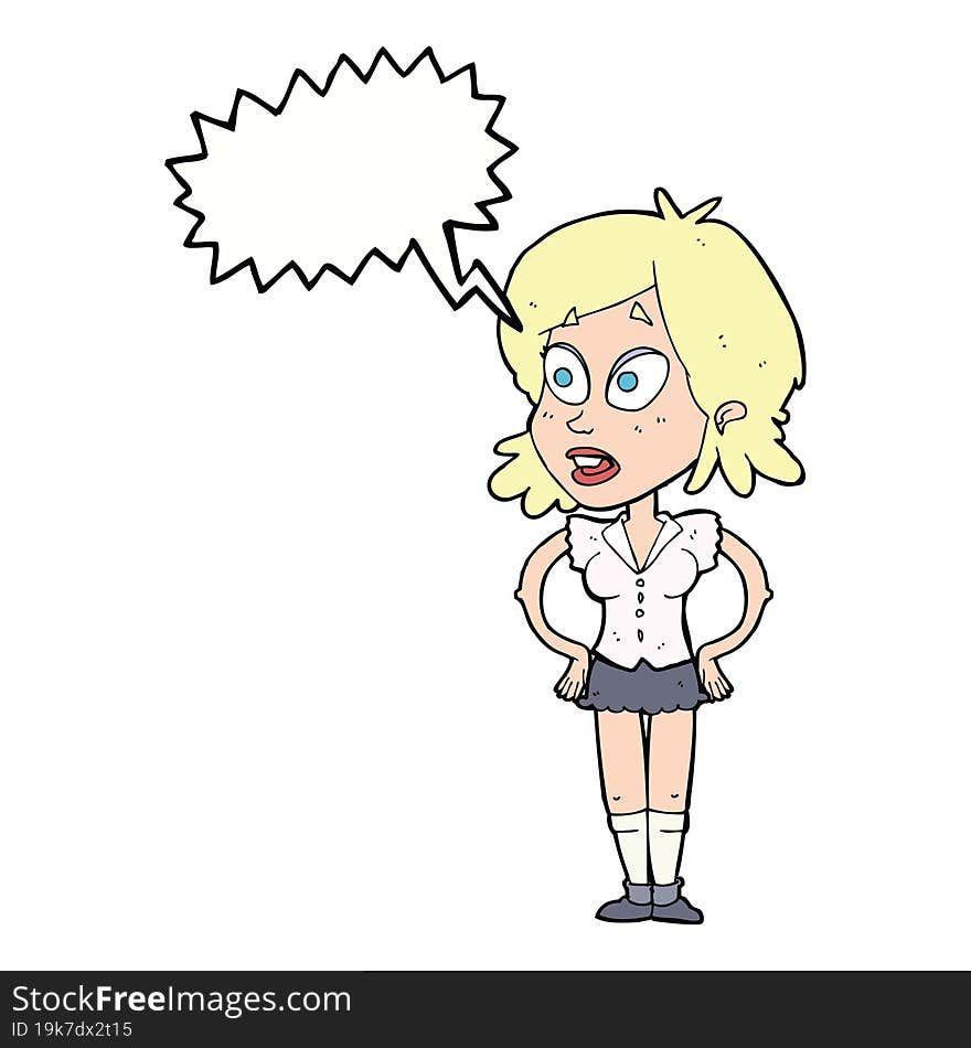 cartoon woman with hands on hips with speech bubble