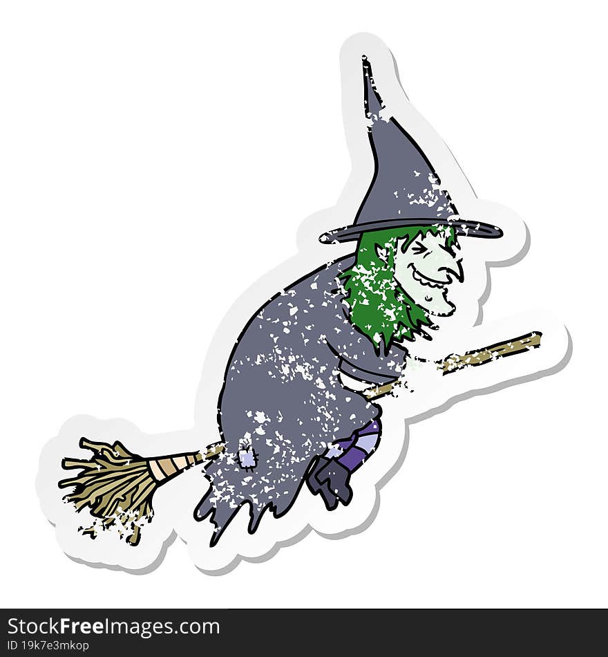 distressed sticker of a cartoon witch on broom