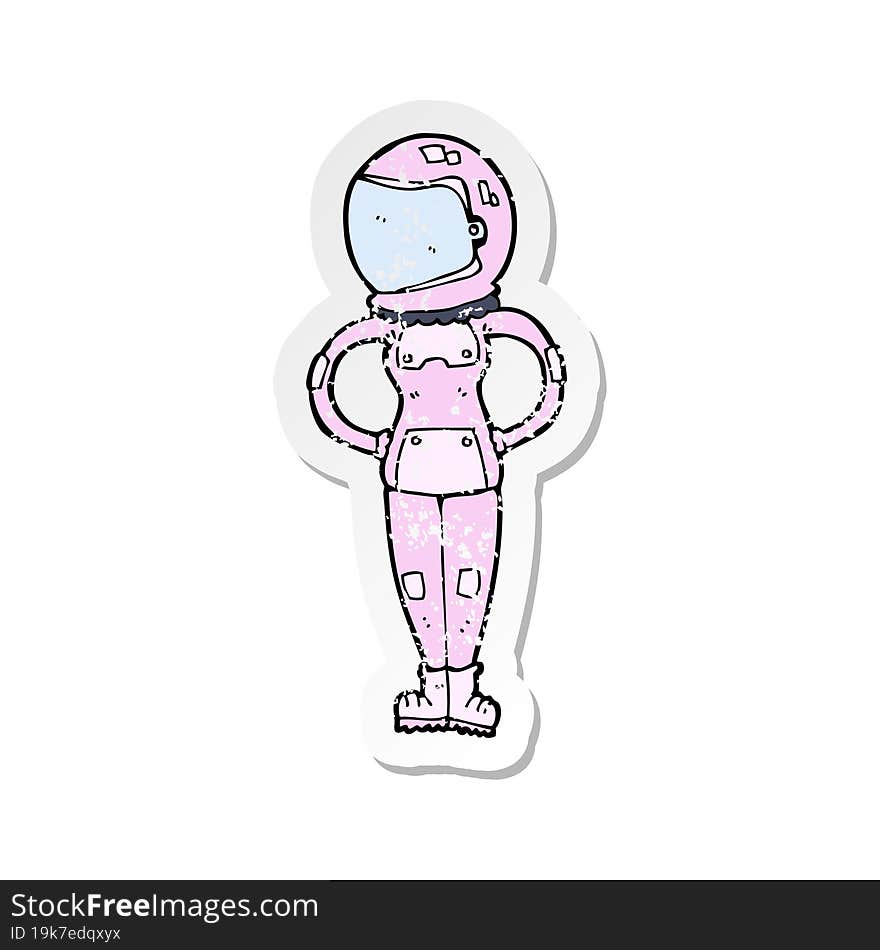 retro distressed sticker of a cartoon female astronaut