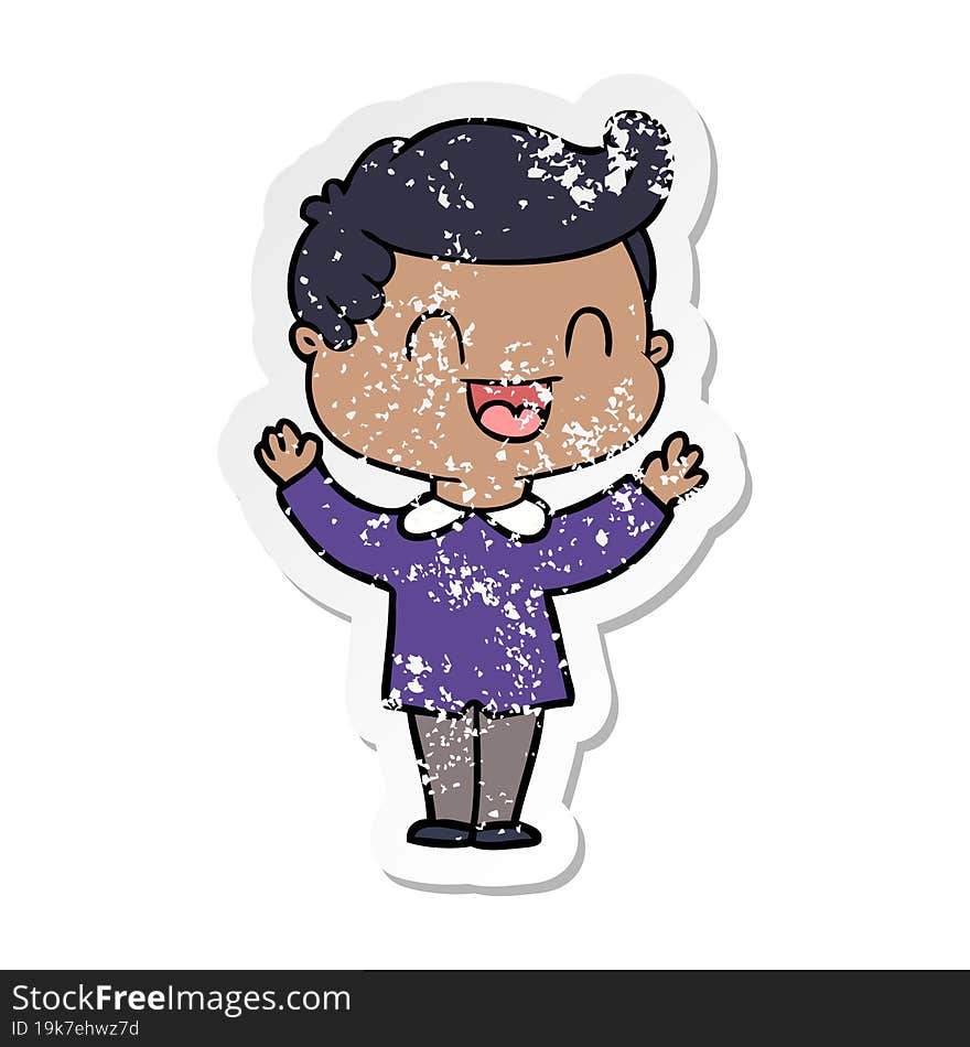 distressed sticker of a cartoon happy man