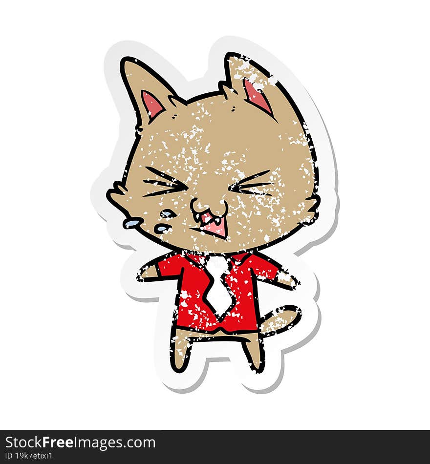 distressed sticker of a cartoon cat wearing shirt hissing