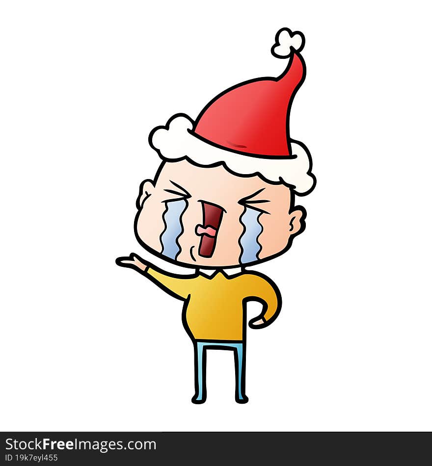 gradient cartoon of a crying bald man wearing santa hat