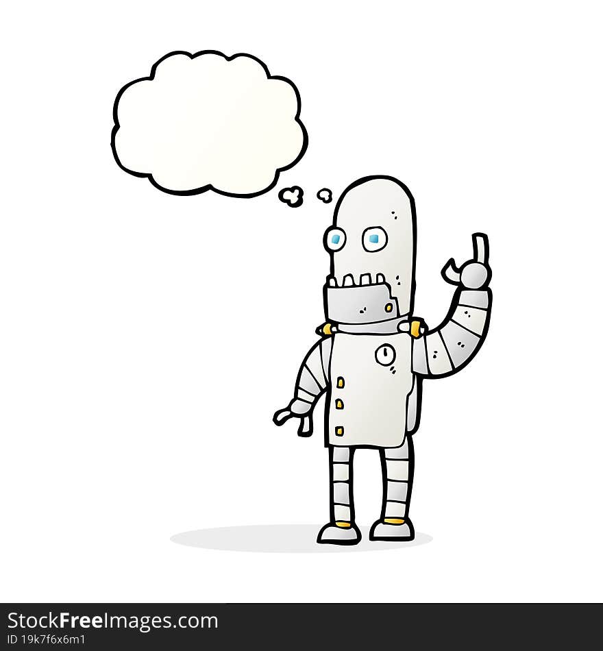 cartoon waving robot with thought bubble