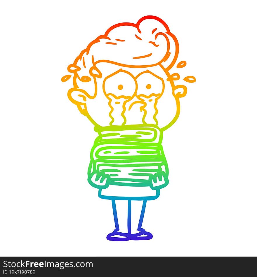 rainbow gradient line drawing cartoon crying student with stack of books