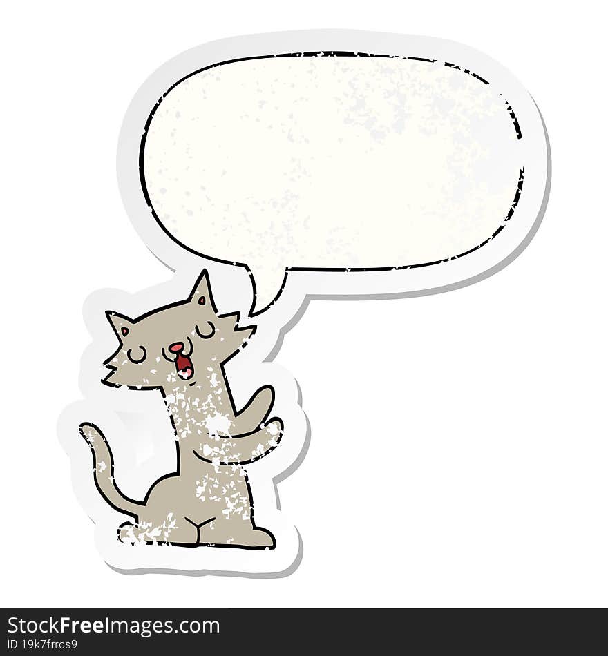 cartoon cat with speech bubble distressed distressed old sticker. cartoon cat with speech bubble distressed distressed old sticker