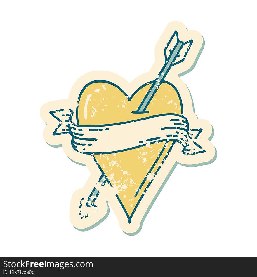 distressed sticker tattoo style icon of an arrow heart and banner