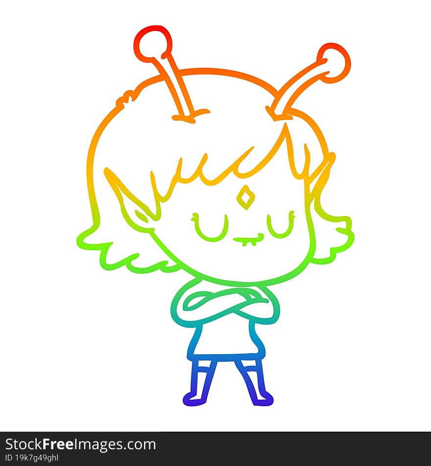 rainbow gradient line drawing of a cartoon alien girl