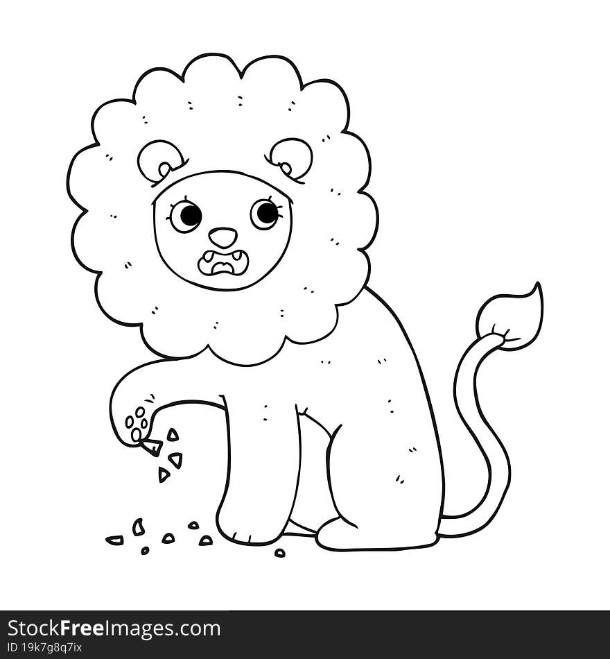 black and white cartoon lion with thorn in foot