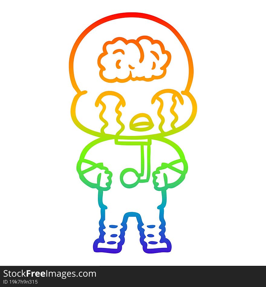 rainbow gradient line drawing cartoon big brain alien crying