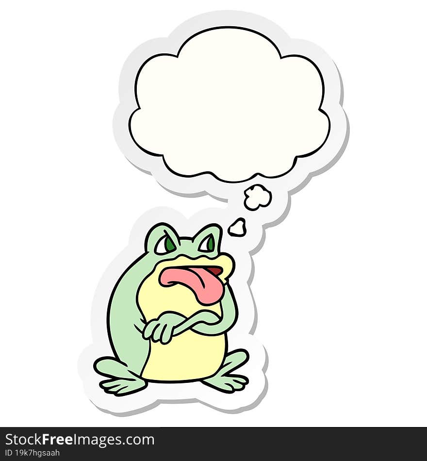 grumpy cartoon frog and thought bubble as a printed sticker