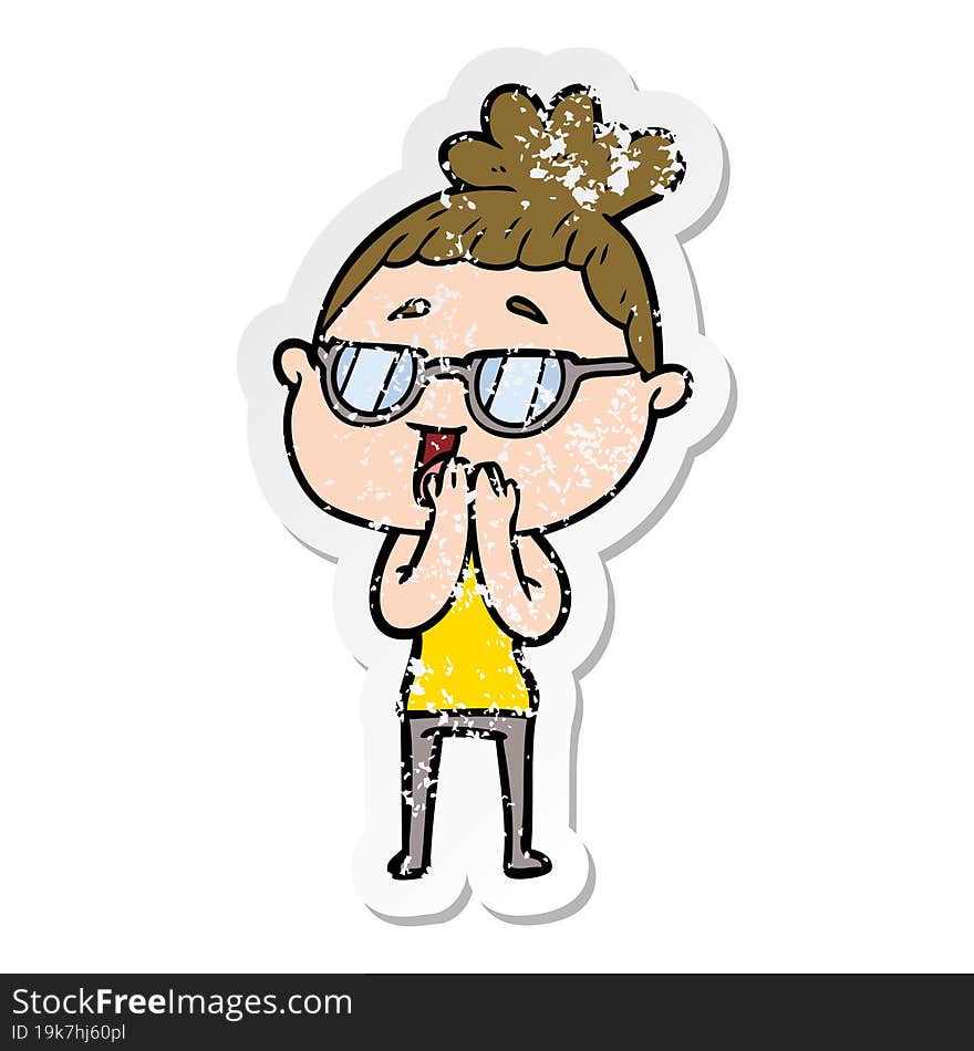 distressed sticker of a cartoon happy woman wearing spectacles